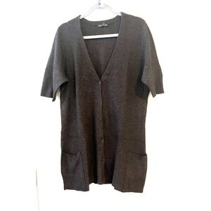 Eileen Fisher Wool Blend Long Brown Cardigan Size XL Stretch Italian Yarn Button